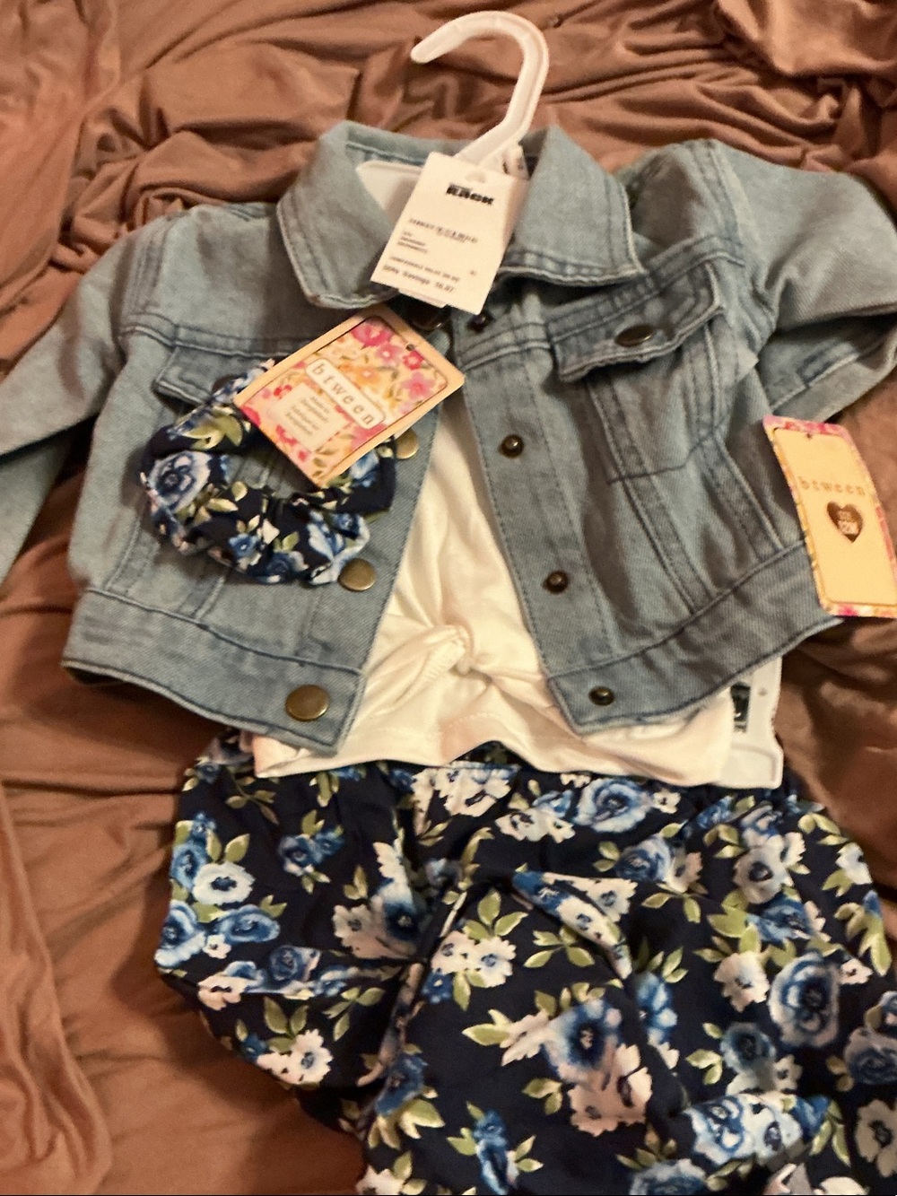 btween Light Wash Denim Jacket with Navy Blue Floral Pants Set